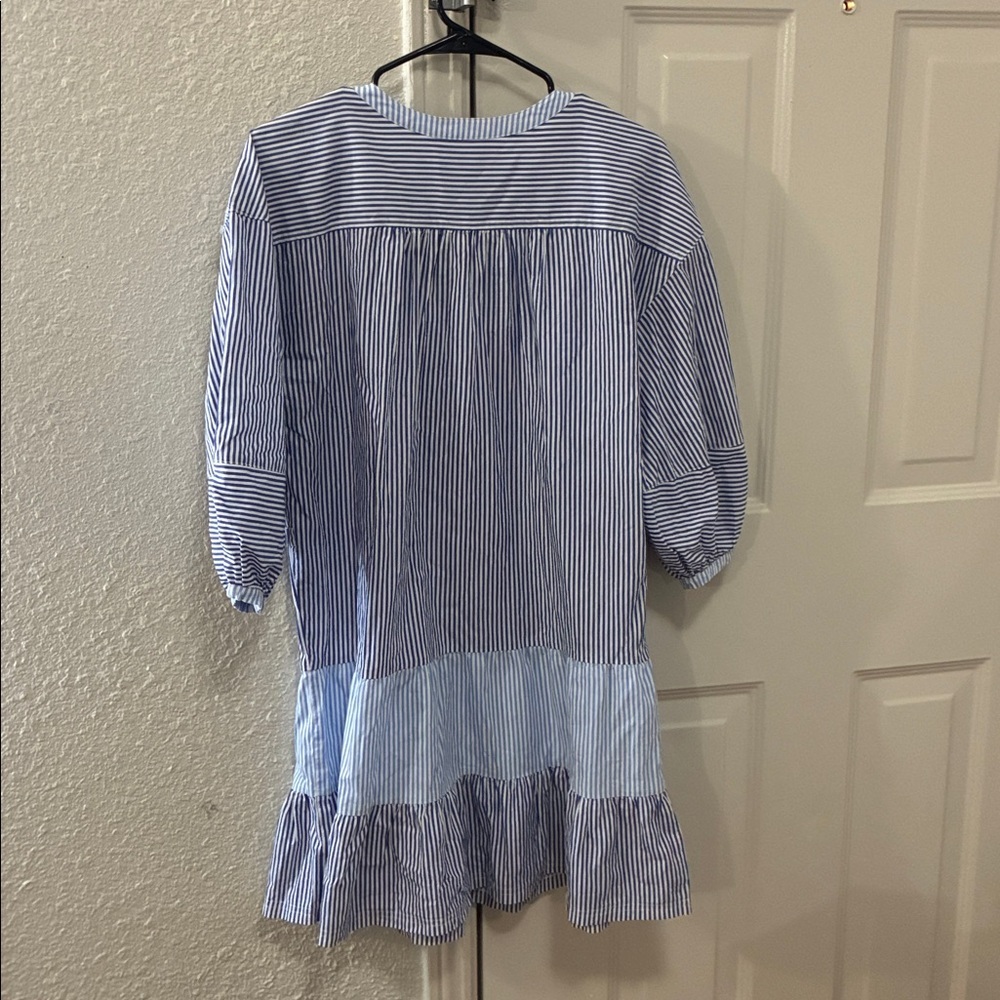 Parker Jenna Blue White Striped Shirt Dress Tie Belt Ruffle Sz M - Picture 3 of 3